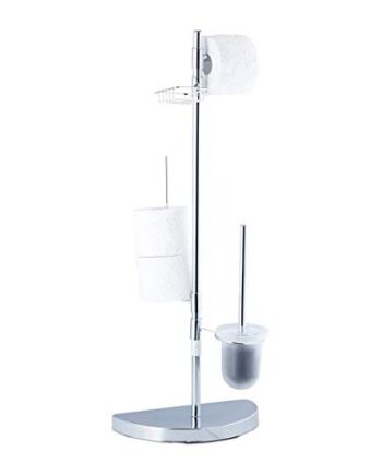 Relaxdays, Chrom Garnitur universal, Rollenhalter, WC-Bürste mit Behälter, Ablage, 360° drehbare Elemente, 86 cm hoch