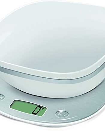 TERRAILLON Elektronische Küchenwaage mit Schüssel – Tara, Flüssigkeitsumrechnung, integrierter Griff, Wiegebereich 5 kg, Genauigkeit 1g – Modell 'Macaron Inox' gefrostet