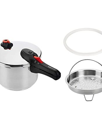 Amazon Basics Schnellkochtopf aus Edelstahl - mit Dampfgarer, induktionsgeeignet - 6 Liter