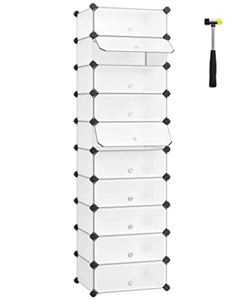 SONGMICS Schuhregal Kunststoff, rechteckiges Regalsystem mit 10 FÄchern, DIY Steckregal, Aufbewahrungsregal, Kleiderschrank, Schuh-Organizer, 40 x 30 x 17 cm pro Fach, Metalldraht, weiß LPC10W