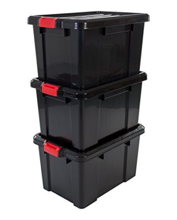 Iris Ohyama, Lot de 3 boîtes de rangement, bricolage, 50 L, avec clips de fermeture, empilable, garage - Power Box SK-450 - Noir
