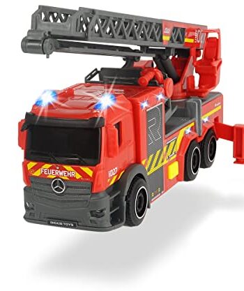 Dickie Toys 203714011 Feuerwehrauto mit Drehleiter, Rosenbauer Feuerwehr, Mercedes Benz Kabine, Licht & Sound, inkl. Batterien, ausziehbare Leiter, Freilauf, rot, für Kinder ab 3 Jahren