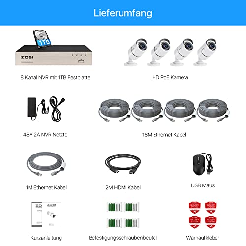 ZOSI 5MP PoE Außen Überwachungskamera Set 8CH 5MP 1TB HDD NVR Plus 4X 5MP Videoüberwachung IP PoE Kamera Set 36M IR Nachtsicht - obrazek 2