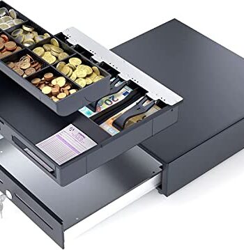 ACROPAQ Kassenschublade Push - Manuelle Öffnung, 41 x 41 cm, mit Münzfach und Scheinfach, Unterbau geeignet, Abschließbar - Kassenlade, Geldschublade, Kassen Schublade - Schwarz