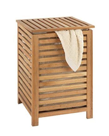 WENKO Wäschetruhe Norway, Wäschesammler mit herausnehmbarem Baumwoll-Wäschesack, Walnussholz, Fassungsvermögen 56 L, 45 x 65 x 45 cm, Natur