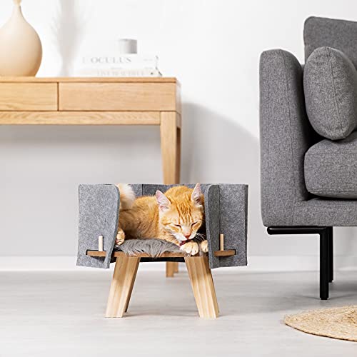 Navaris Haustierbett aus Holz mit Kunstfellmatte - Hunde Katzen Bett mit Filzwand - 41 x 41 x 32cm Hundebett Katzenbett Hochbett - einfache Montage - obrazek 4