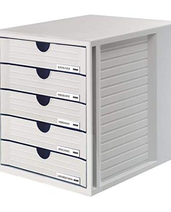HAN Schubladenbox SYSTEMBOX mit 5 geschlossenen Schubladen für Unterlagen bis DIN C4, Schreibtisch oder im Schrank, inkl. Auszugsperre + Beschriftungsclip, möbelschonende Gummifüße, 1450-11, lichtgrau