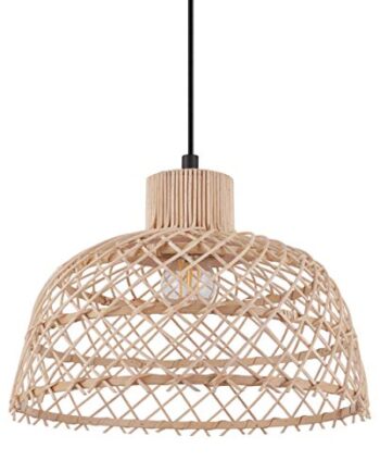 EGLO Pendelleuchte Ausnby, 1 flammige Hängelampe Vintage, Skandinavisch, Boho, Hängeleuchte aus Holz in Natur und Metall in Schwarz, Esstischlampe, Wohnzimmerlampe hängend mit E27 Fassung