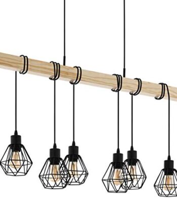 EGLO Pendellampe Townshend 5, 6 flammige Vintage Pendelleuchte im Industrial Design, Retro Hängelampe aus Stahl und Holz, Farbe: Schwarz, braun, Fassung: E27