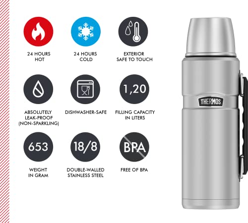 THERMOS Thermosflasche Edelstahl Stainless King, Edelstahl mattiert 1,2L, Isolierflasche mit Trinkbecher 4003.205.120 spülmaschinenfest, Thermoskanne hält 24 Stunden heiß, 24 Stunden kalt, BPA-Free - obrazek 6