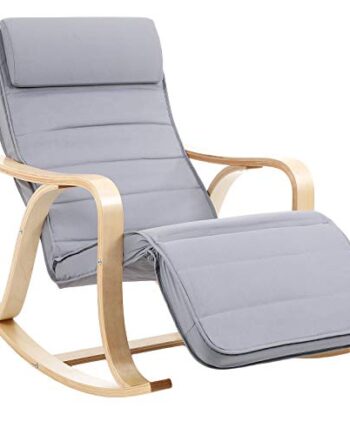 SONGMICS Schaukelstuhl aus Birkenholz, Schaukelsessel, 5-fach verstellbare Fußstütze, Bezug aus Baumwolle, bis 150 kg belastbar, Wohnzimmer, Schlafzimmer, hellgrau LYY41G