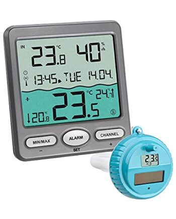 TFA Dostmann Venice Poolthermometer, 30.3056.10, zur Überwachung der Wassertemperatur in Pool, Teich oder Whirlpool Digitales Funk-Poolthermometer, Grau, L 116 x B 24 (65) x H 126 mm