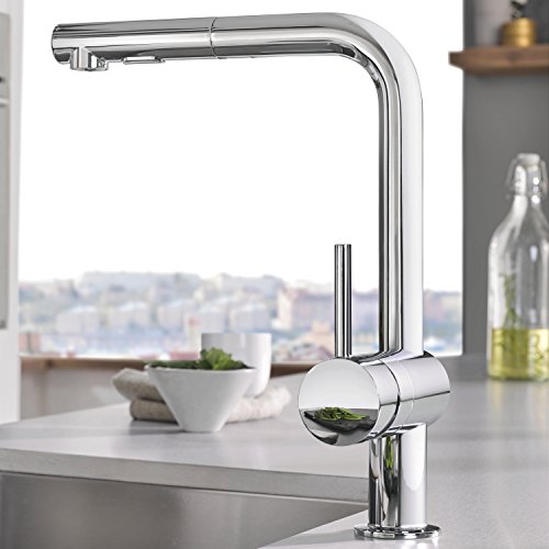 GROHE Minta - Einhand- Küchenarmatur (L-Auslauf, herausziehbare Dual-Spülbrause, 360° schwenkbar, kratzfest) , chrom, 30274000 - obrazek 4