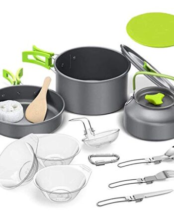 Tokmali Camping Kochgeschirr Set 14-TLG Camping Kochtopf Set aus Edelstah Kochausrüstung für Outdoor Wandern Picknick, Topf & Pfanne aus Aluminium und Edelstahl, für 2-3 Personen (mit EIN Geschenk)