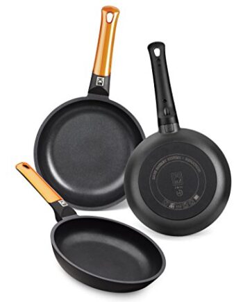 BRA Efficient orange;Set von 3 Pfannen, Aluminiumguss mit Teflon Platinum Plus Antihaftbeschichtung Modern 18-22-26 cm Schwarz [Exklusiv bei Amazon]