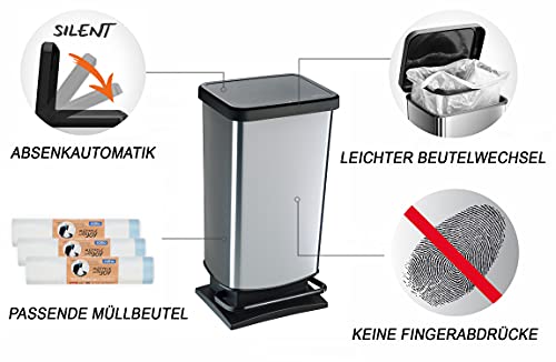 Rotho Paso Mülleimer 40l mit Pedal und Deckel, Kunststoff (PP) BPA-frei, silber metallic, 40 Liter (35,3 x 29,5 x 67,6 cm) - obrazek 5