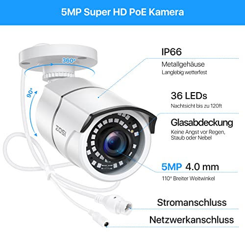 ZOSI 5MP PoE Außen Überwachungskamera Set 8CH 5MP 1TB HDD NVR Plus 4X 5MP Videoüberwachung IP PoE Kamera Set 36M IR Nachtsicht - obrazek 5
