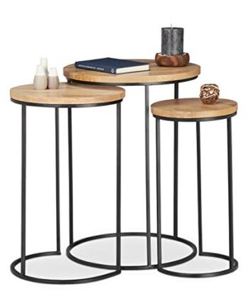 Relaxdays Beistelltisch 3er Set, runde Ablage, Satztische in 3 Größen, ineinander stellbar, Metall und Mangoholz, natur