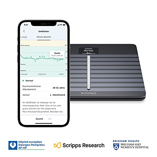 Withings Body Cardio – WLAN-Smart-Waage mit Körperfettwaage, Messung von Herzfrequenz, Gefäßalter, BMI, Körperfett, Muskelmasse und Wasseranteil % - Schwarz - obrazek 4