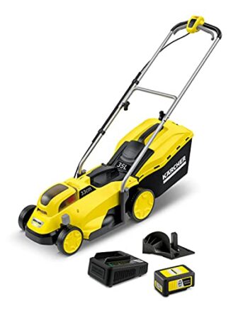 Kärcher 18 V Akku-Rasenmäher LMO 18-33 Battery Set, inkl. 18-V-Akku und Schnellladegerät, Leistung: 250 m², Schnittbreite: 33 cm, verstellbare Schnitthöhe: 35-65 mm, Mulchkeil, Fangkorb: 35 Liter