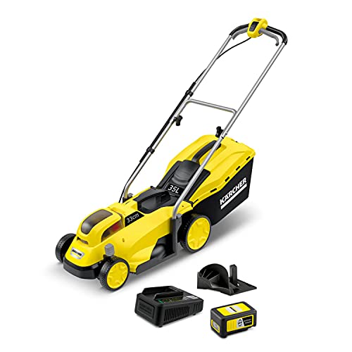 Kärcher 18 V Akku-Rasenmäher LMO 18-33 Battery Set, inkl. 18-V-Akku und Schnellladegerät, Leistung: 250 m², Schnittbreite: 33 cm, verstellbare Schnitthöhe: 35-65 mm, Mulchkeil, Fangkorb: 35 Liter