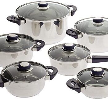 axentia Edelstahl-Topfset Karin 6-teilig, 5 Kochtöpfe & 1 Stiel-Kasserolle mit Glasdeckel, Kochtopf-Set mit Schüttrand & Sandwichboden für optimale Wärmeverteilung, Topf-Set für alle Herdarten geeignet (außer Induktion)