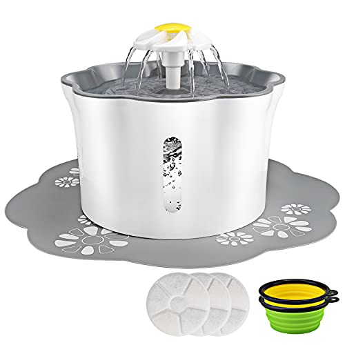 Omasi Trinkbrunnen für Katze,Wasserbrunnen Wasserspender mit 2 Hund klappbar Fressnapf,Automatische Cat Water Fountain mit 3 Stück Hygienefilter,Trinkbrunnen für Haustiere mit LED-Licht(2.6L)