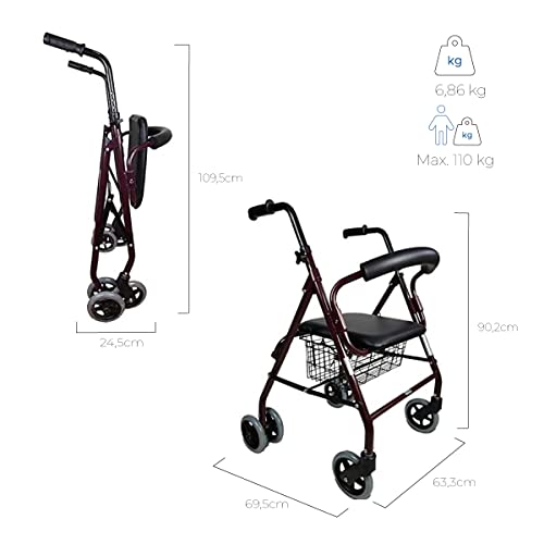 Mobiclinic, Modell Prado, Gehhilfe für Behinderte, Senioren, Rollator, Aluminium, Leicht, Faltbar, Druckbremsen, Mit Sitz, Korb und 4 Rädern, Farbe Bordeaux - obrazek 9
