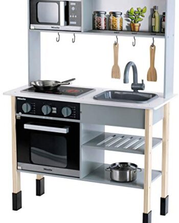 Theo Klein 7199 Miele Küche | Weiße Holzküche inkl. Kochfeld mit Sound- und Licht | Küchen-Zubehör aus Edelstahl und Holz | Spielzeug für Kinder ab 3 Jahren