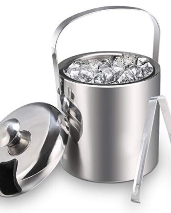 Eiswürfelbehälter mit Zange und Deckel, Edelstahl Eiseimer Doppelwand-Isolierung Eisbehälter Sektkühler Weinkühle Eiskübel Eiskühler für besonders Lange Kühlung 1.3 L, Silber