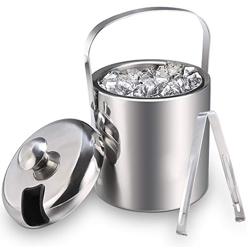 Eiswürfelbehälter mit Zange und Deckel, Edelstahl Eiseimer Doppelwand-Isolierung Eisbehälter Sektkühler Weinkühle Eiskübel Eiskühler für besonders Lange Kühlung 1.3 L, Silber