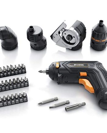 Brandson Akkuschrauber mit Drehmomentaufsatz Schneidaufsatz Winkelaufsatz Exzenteraufsatz 1,5 Ah Lithium Ionen Akku und umfangreichem Zubehör Bitset 2 Drehrichtungen LED Transportkoffer