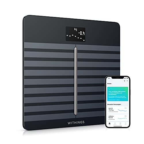 Withings Body Cardio – WLAN-Smart-Waage mit Körperfettwaage, Messung von Herzfrequenz, Gefäßalter, BMI, Körperfett, Muskelmasse und Wasseranteil % - Schwarz