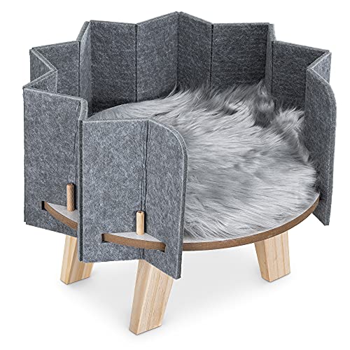 Navaris Haustierbett aus Holz mit Kunstfellmatte - Hunde Katzen Bett mit Filzwand - 41 x 41 x 32cm Hundebett Katzenbett Hochbett - einfache Montage