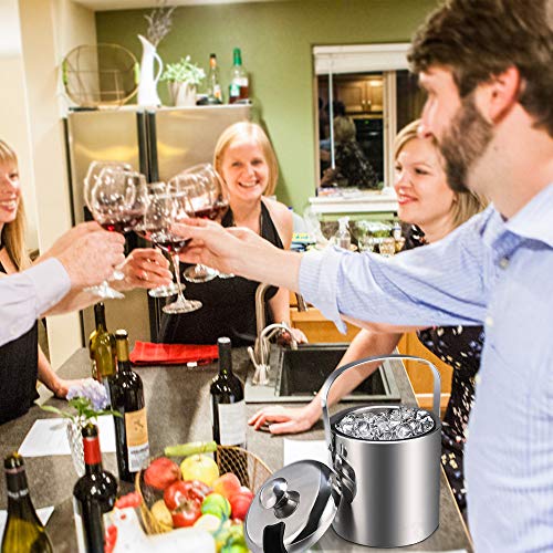 Eiswürfelbehälter mit Zange und Deckel, Edelstahl Eiseimer Doppelwand-Isolierung Eisbehälter Sektkühler Weinkühle Eiskübel Eiskühler für besonders Lange Kühlung 1.3 L, Silber - obrazek 2