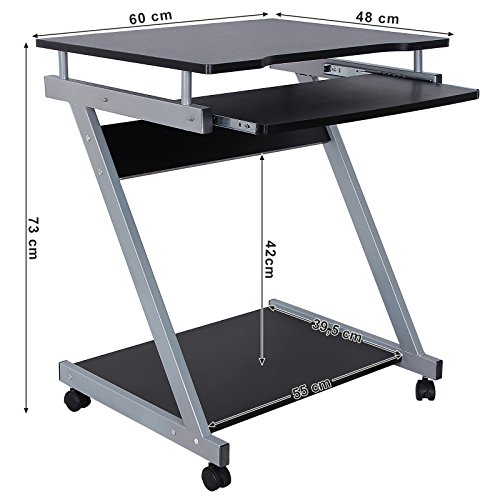 VASAGLE Schreibtisch, Computertisch mit 4 Rollen, 2 Davon mit Bremsen, PC-Tisch leichtgängiger Tastaturauszug, erleichterte Montage, platzsparender PC-Tisch in Z-Form, schwarz, LCD811B - obrazek 3