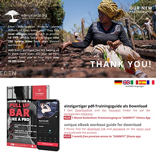 BeMaxx Klimmzugstange für Türrahmen ohne Schrauben/Bohren + Trainings-eBook - Profi Türreck Pull Up Dip Bar, gepolsterte Griffe | Klimmzug Stange zum Einhängen in Tür Zuhause, Fitness Workout Sport - obrazek 3