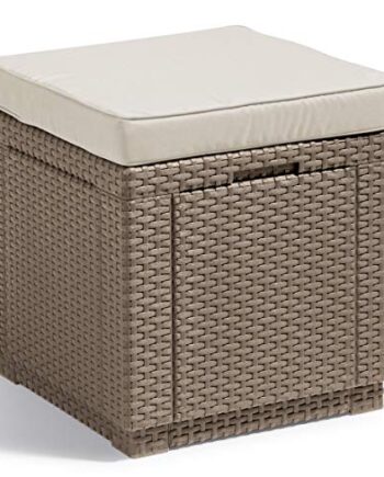 Allibert by Keter" Cube Hocker mit Stauraum, cappuccino, inkl. Kissen, Deckel abnehmbar, flache Rattanoptik, wetterfest, 42x42x39cm