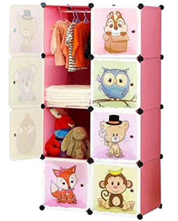 BRIAN & DANY Erweiterbares Kinderregal Kinder Kleiderschrank Stufenregal Bücherregal mit Türen, tiefere Fächer als normal (45 cm vs. 35 cm) für mehr Platz, 75 x 47 x 147 cm Rosa