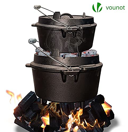 VOUNOT Dutch Oven Set 4.25 Liter, Eingebrannter Feuertopf aus Gusseisen für Garten Lagerfeuer Camping, mit Füßen, Deckel, Deckelheber und Tragetasche - obrazek 3