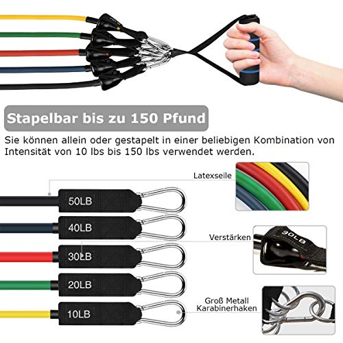 AILUKI Widerstandsbänder Set 23 Pcs Trainingsbänder 5 Stapelbare Übungsbänder 5 Widerstandsschlaufenbänder Springseil Abbildung 8 Fitnessbänder Türanker Griffe Stirnband Kühltuch für Männer Frauen - obrazek 7