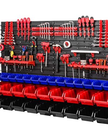 Werkstattregal Lagersystem - 1152 x 780 mm - Wandregal mit Stapelboxen Werkzeughalter - Schüttenregal Wandplatten Extra Starke (Blau/Rot/Schwarz)