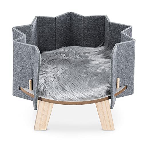 Navaris Haustierbett aus Holz mit Kunstfellmatte - Hunde Katzen Bett mit Filzwand - 41 x 41 x 32cm Hundebett Katzenbett Hochbett - einfache Montage - obrazek 3