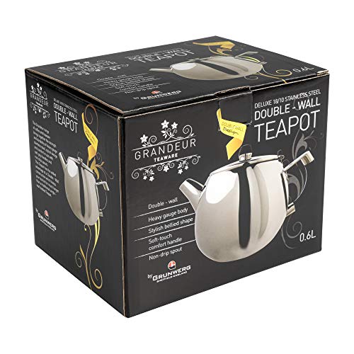 Grunwerg Café Stål Grandeur Doppelwandige Teekanne mit Siebeinsatz aus 18/10 Edelstahl – 35 oz / 1,0 L - obrazek 6