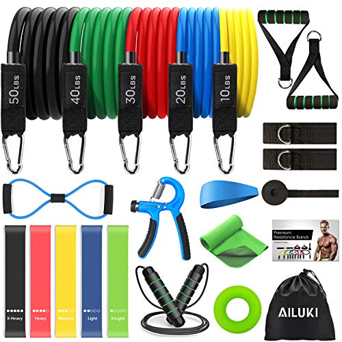 AILUKI Widerstandsbänder Set 23 Pcs Trainingsbänder 5 Stapelbare Übungsbänder 5 Widerstandsschlaufenbänder Springseil Abbildung 8 Fitnessbänder Türanker Griffe Stirnband Kühltuch für Männer Frauen