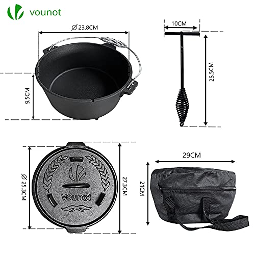 VOUNOT Dutch Oven Set 4.25 Liter, Eingebrannter Feuertopf aus Gusseisen für Garten Lagerfeuer Camping, mit Füßen, Deckel, Deckelheber und Tragetasche - obrazek 7