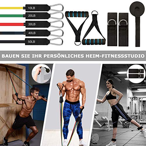 AILUKI Widerstandsbänder Set 23 Pcs Trainingsbänder 5 Stapelbare Übungsbänder 5 Widerstandsschlaufenbänder Springseil Abbildung 8 Fitnessbänder Türanker Griffe Stirnband Kühltuch für Männer Frauen - obrazek 6