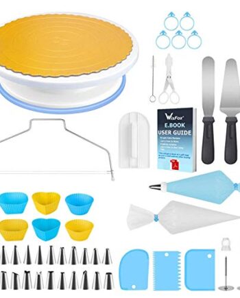 WisFox 103 Teiliges Tortenplatte Drehbar Tortenständer Kuchen Drehteller Spritztüllen Set mit 24 Düsen,50 Einweg Spritzbeutel,2 Spatel, 1 Kuchenschneider,3 Schaber usw Kuchen Backzubehör