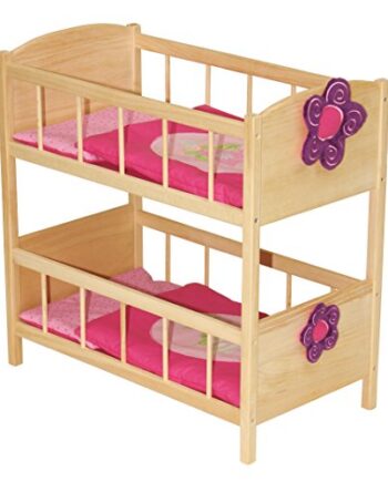 roba Puppenetagenbett aus Puppenmöbel Serie „Happy Fee“, Puppenbett Holz natur, Puppenzubehör inkl. textiler Ausstattung mit abnehmbarer Blume