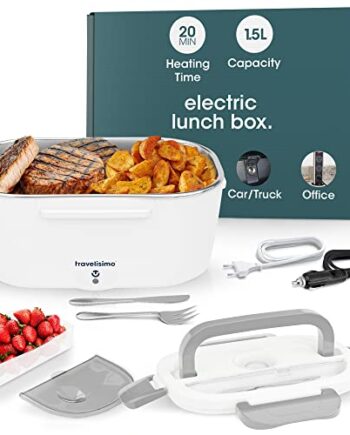 TRAVELISIMO Elektrische Lunchbox 3-in-1 für Auto LKW und Arbeit, 220 V +12 V, erhitzt Lebensmittel in Minuten, Thermoskanne Heißes Essen, Edelstahl, 1,5 l 60 W, tragbare elektrische Dose